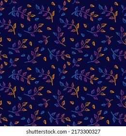 Seamless vector pattern with twigs and leaves in doodle style. Gradient, color transition: orange, purple, blue, dark background. Elegant design for fabrics, backgrounds, wrapping paper, scrapbooking
