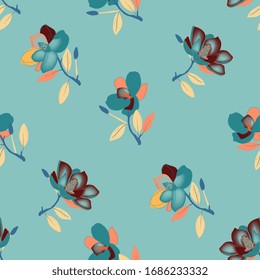 Seamless vector pattern with twigs magnolia flowers on a light blue background. Modern design for fabric and wallpaper.