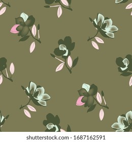 Seamless vector pattern with twigs magnolia flowers on a moss green background. Modern design for fabric and wallpaper.