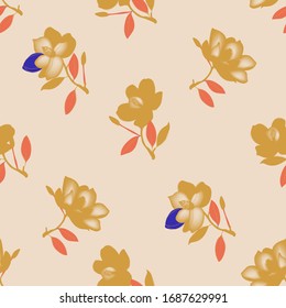 Diseño vectorial sin inconvenientes con ramas de magnolia sobre un fondo beige ocre. Diseño moderno para tela y papel pintado.