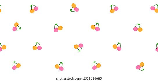 Seamless Vector Pattern with Twin Cherries. Hand Drawn Trendy Endless Print with Yellow and Pink Cherries Isolated on a White Background. Cute Simple Pattern with Happy Fruits. Cherry Wallpaper.	RGB.