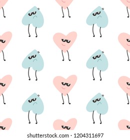 Seamless vector pattern with two vector cartoon hearts as symbol of love and hate poster design. Funny illustration of relationships on white background.