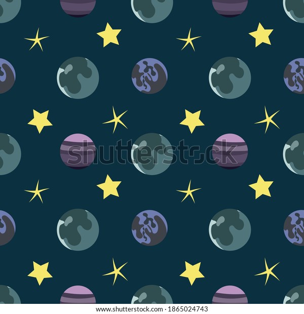 Seamless vector pattern two color\
planet and yellow stars. Dark pattern for print, cards and textile.\
Static pattern.  Dark blue background. Cosmic space pattern.\
