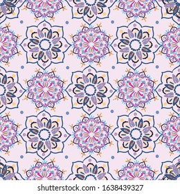 Seamless vector pattern with two flower mandalas and dots. Light pink background. Perfect for yoga, wellness, meditation related projects