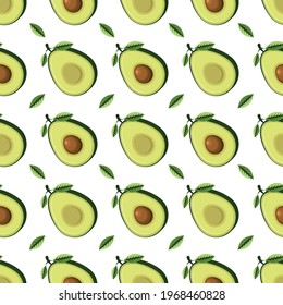Seamless vector pattern of two halves of avocado with leaves