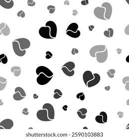 Seamless vector pattern with two halves of a heart symbols, creating a creative monochrome background with rotated elements. Vector illustration on white background