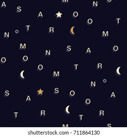 Seamless vector pattern with typo moon and star  on navy blue Background for dress, manufacturing, wallpapers, prints, gift wrap and scrapbook.