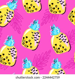 Seamless vector pattern with u pineapple. Hand drawing summer print. Fruit design for fabric