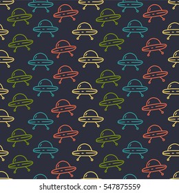 Seamless vector pattern with ufo, spaceship. Flying Saucers. Unknown Flying Object. Baby background.