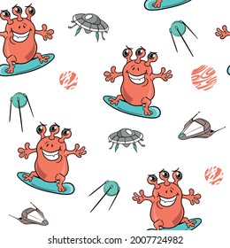 Seamless vector pattern with ufo,space, spaceship,and cute surfer alien. Baby background