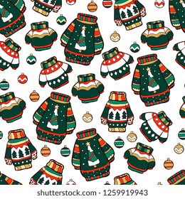 Seamless vector pattern with ugly sweaters and glass balls