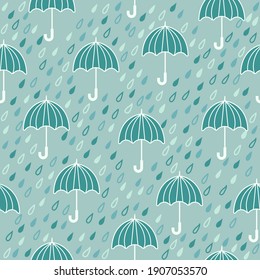 Seamless vector pattern with umbrellas, clouds and rain drops. Scandinavian style background.