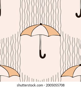 Seamless vector pattern with umbrellas on light yellow background. Simple rainy weather wallpaper design. Decorative artistic fashion textile.