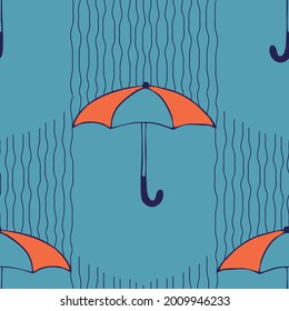 Seamless vector pattern with umbrellas on blue background. Decorative weather wallpaper design. Rainy season fashion textile.