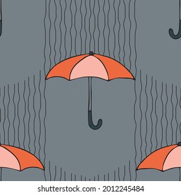 Seamless vector pattern with umbrellas on grey background. Artistic weather season wallpaper design. Decorative lifestyle fashion textile.