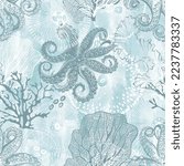 Seamless vector pattern with underwater creatures on blue watercolor background. Abstract sea background.  Vector. Perfect for design templates, wallpaper, wrapping, fabric and textile.