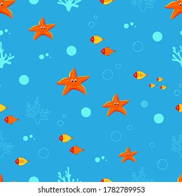 Seamless vector pattern of underwater life with cute starfishes, fish, corals, fish and bubbles. 