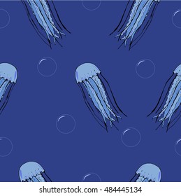 Seamless vector pattern of underwater life. Jellyfish and bubbles on the dark blue background.