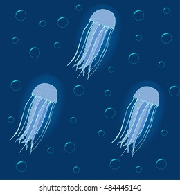 Seamless vector pattern of underwater life. Jellyfish and bubbles on the dark blue background.