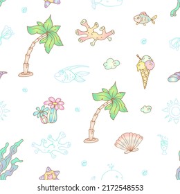 Seamless vector pattern - underwater, palms, ice cream. Vacation mood. Fishes, seashells, corals, and seaweed.