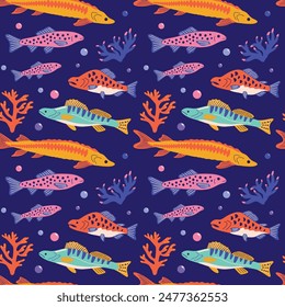 Seamless vector pattern with underwater sea and ocean animals, fishes, corals, seaweed, algae, plants colorful cartoon illustration for wrapping paper, fabric decoration in funky groovy style