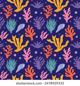 Seamless vector pattern with underwater sea and ocean plants, coral, seaweed, algae, abstract colorful cartoon funky groovy illustration for wrapping paper, fabric, wallpaper decoration 