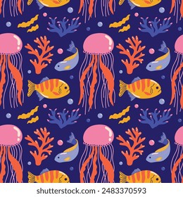 Seamless vector pattern with underwater sea and ocean animals, fishes, corals, seaweed, algae, jellyfish, plants colorful cartoon illustration for wrapping paper decoration in funky groovy style