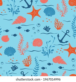 Seamless vector pattern with underwater seashells on light blue background. Simple bright sea life wallpaper design. Decorative summer fashion textile.