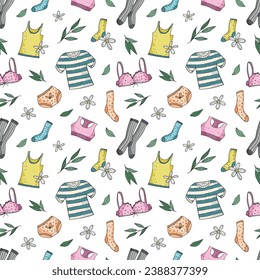 Seamless vector pattern with underwear in a flat style. Ornament with panties, socks and a bra