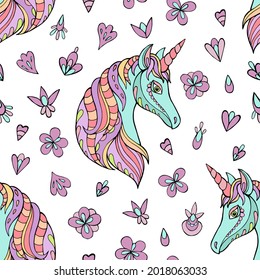 Seamless vector pattern with unicorn. Background for greeting card, website, printing on fabric, gift wrap, postcard and wallpapers. 