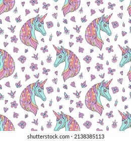 Seamless vector pattern with unicorn. Background for greeting card, website, printing on fabric, gift wrap, postcard and wallpapers. 