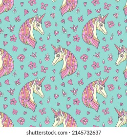 Seamless vector pattern with unicorn. Background for greeting card, website, printing on fabric, gift wrap, postcard and wallpapers. 