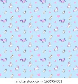 Seamless vector pattern. Unicorn and cat on a blue background. Hearts.