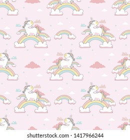 seamless vector pattern unicorn on a rainbow in the clouds delicate colors