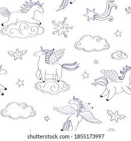 Seamless vector pattern unicorns, clouds and stars on a white background