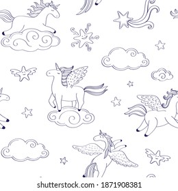 Seamless vector pattern unicorns, clouds and stars on a white background