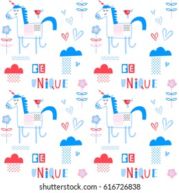 Seamless vector pattern with unicorns and little birds. For birthday, party invitations, scrapbook. Vector illustration in bright colors.