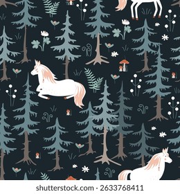 Seamless vector pattern with unicorns and magic forest. Vintage fairy background. Vector illustration.