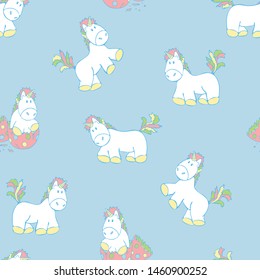 Seamless vector pattern with unicorns on light blue background. Cartoon pony with rainbow manes and tails. Fantasy wallpaper design for children.