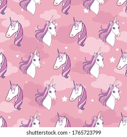 Seamless vector pattern unicorns on pink clouds background