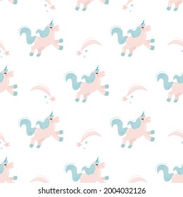 Seamless vector pattern with unicorns on white background. Modern concept for fabric and paper, surface textures.