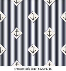 Seamless vector pattern. Uniform blue anchors and strips pattern on the light grey background.