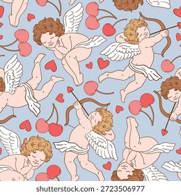Padrão de vetor sem costura com personagem de anjo de Valentim com cereja e corações. Ilustração de cupido vintage bonito para design de tecido ou impressão.	