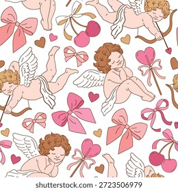 Padrão de vetor sem costura com personagem de anjo Valentine com cereja, arco e pirulito. Ilustração de cupido vintage bonito.	
