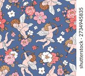 Seamless vector pattern with Valentine cupid character and spring flowers. Cute vintage angel illustration for fabric or print design.	