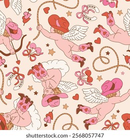 Seamless vector pattern with Valentine cupid in western cowboy boots. Hand drawn cute angel background. EPS 10 vector file. Perfect for textile, wallpaper or nursery print design.