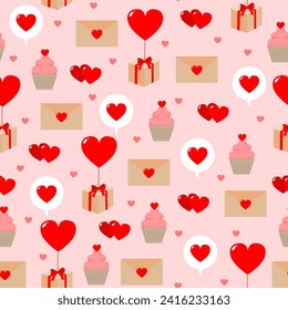 seamless vector pattern with a valentine theme with letter paper designs, cupcakes, red hearts. Suitable for use as a gift wrap paper design, background, fabric, social media and others