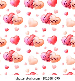 Seamless vector pattern for Valentine's day with pink hearts and love text. Can be used for stickers, labels, tags, gift wrapping paper, greeting cards, posters, banner design, fabrics, textile
