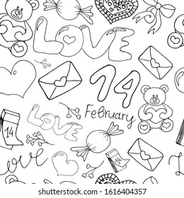 Seamless vector pattern for valentine's day celebration. Love, 14 february, envelope, hearts, candy, bows, calendar, bear