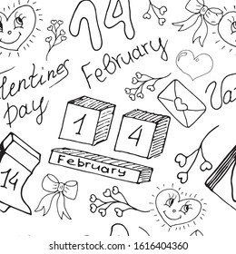 Seamless vector pattern for valentine's day celebration. Love, 14 february, envelope, hearts, candy, bows, calendar, bear